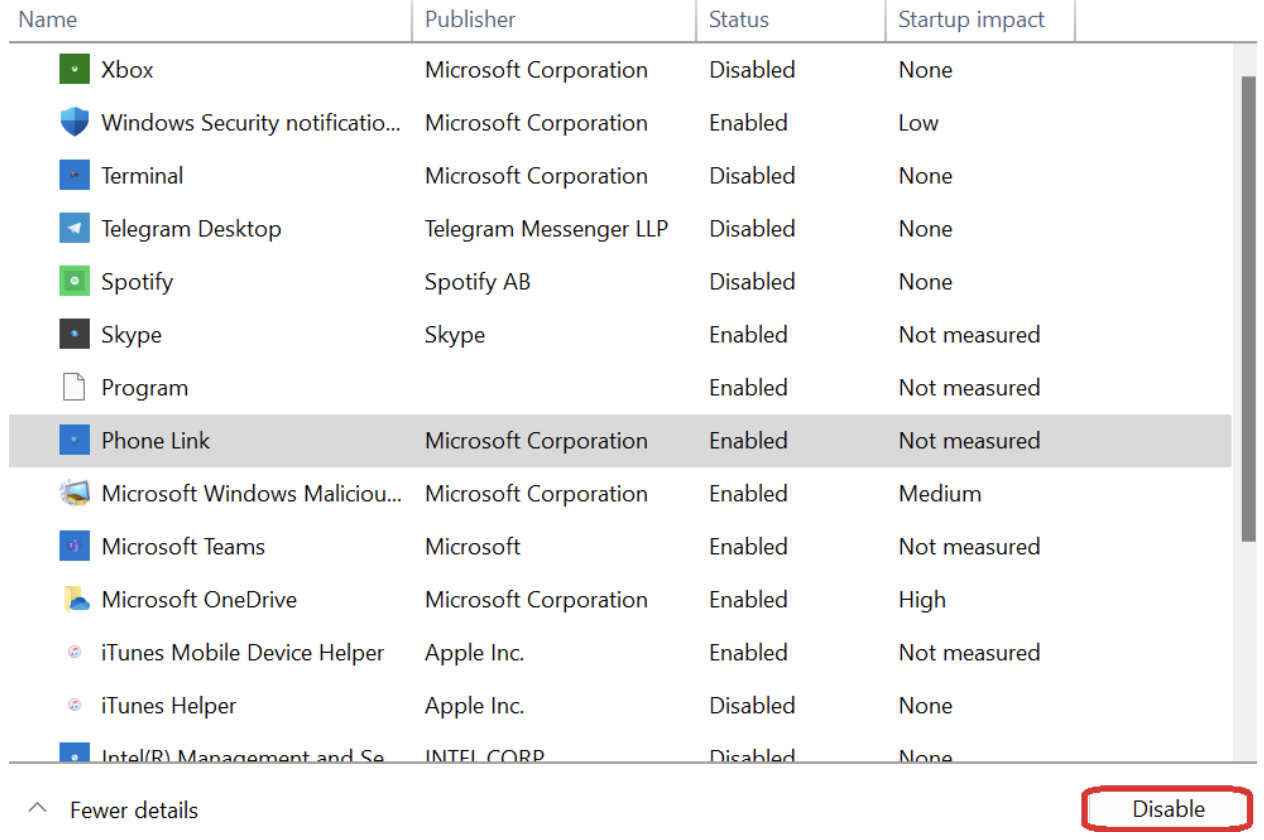 Task Manager Phone Link disable